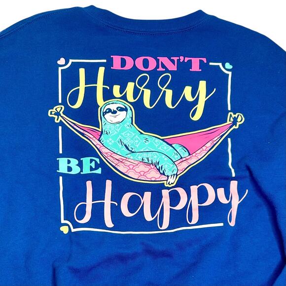 Benny & Belle Colbalt Blue Sloth Don’t Hurry Be Happy Sweatshirt Size Small - Picture 1 of 5